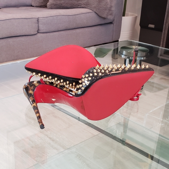 EUC-Christian Louboutin gold spike leopard patent leather open back, strap pumps - Picture 6 of 9